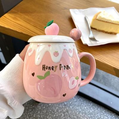 Cute Ceramic Cup Girl Heart with Lid and Spoon Mug Strawberry Large Capacity Creative Household Breakfast Coffee Cups