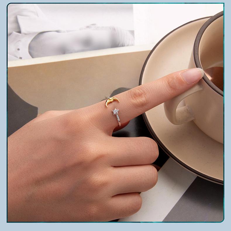 Shining Star And Moon Open Ring Women'S Niche Light Luxury S925 Sterling Silver Ring Jewelry