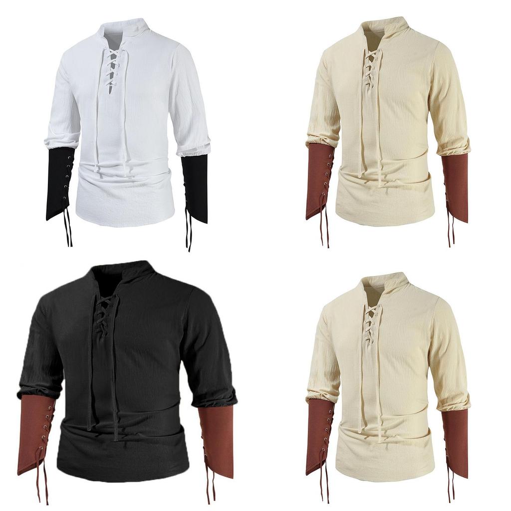Herren Langarm Baumwollhemd Mit Stehkragen Und Plissee-Design Für Erwachsene