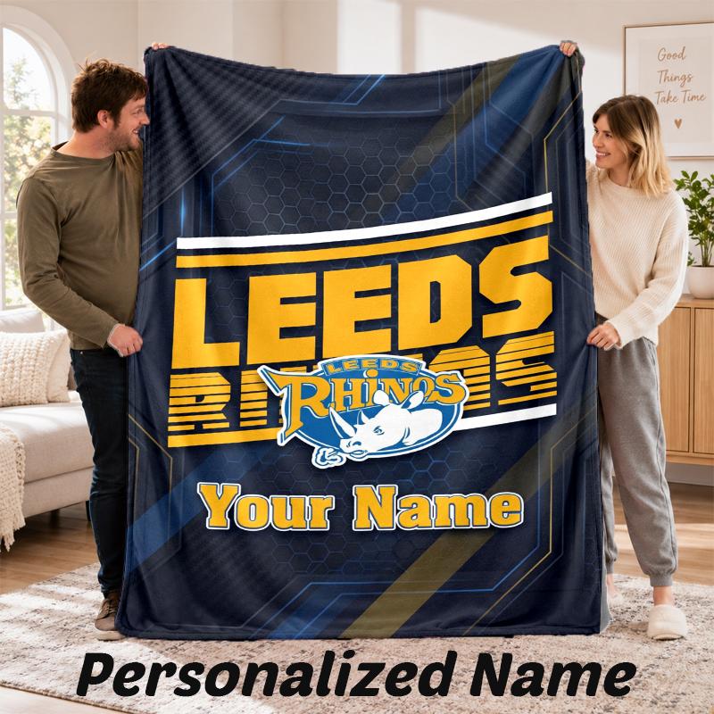 Leeds Rhinos Personalized Flannel Blanket Custom Name Text Soft Throw Blanket Home Decor