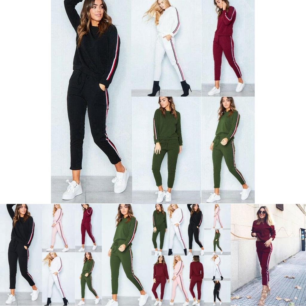 Women's 2 Pcs/set Tracksuits Comfy Striped Loungewear With O-neck And Drawstring