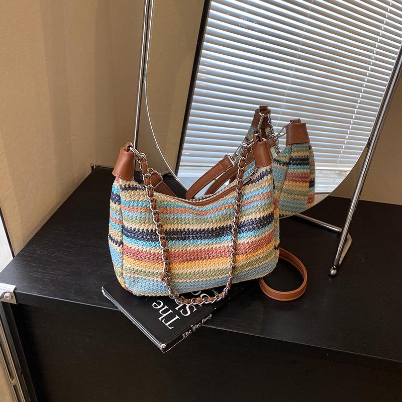 Summer new fashion contrasting color striped bag women's niche design woven bag large capacity shoulder dumpling bag