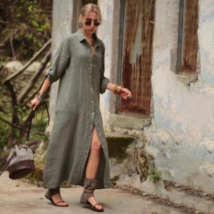 Women Summer Maxi Dress Loose Turn Down Collar Long Sleeves OL Cardigan Commute Daily Wear Pure Color Single Breasted Long Dress