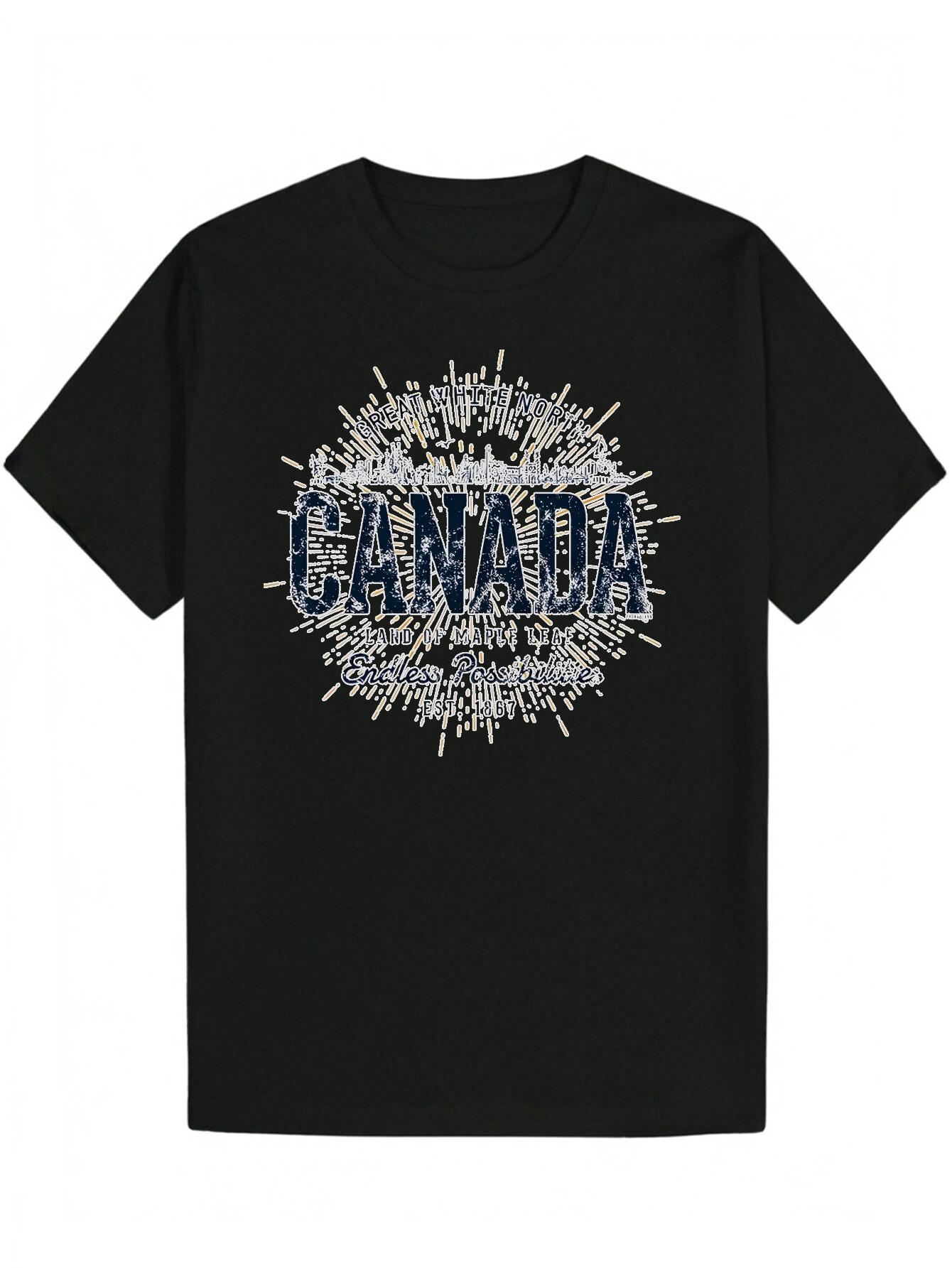 Black Casual Short Sleeve T-shirt - Bold Canada Letter Graphic with Crown & Maple Leaf Design M