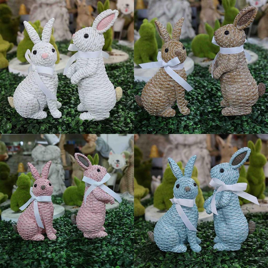 Easter Bunny Figurine Resin Rattan Woven Ornament Desk Decoration Festival for Children Day Birthday Wedding Gift Supply