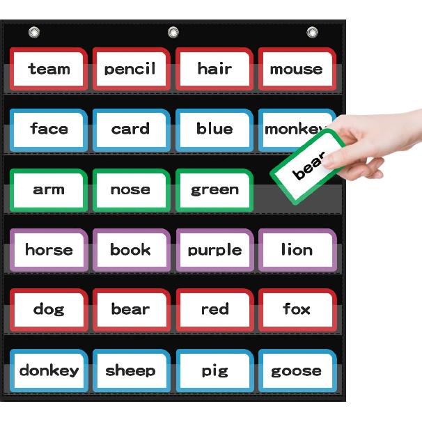 10”W x 48.25”H Classroom Words Pocket Chart with 12 Clear Pockets, Black Standard Pocket Chart for Classroom and Home for Sentence Strips, Reble