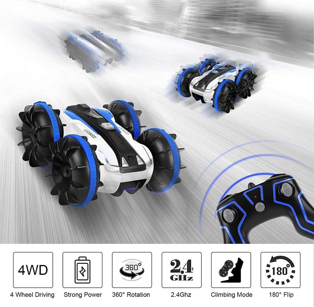 WEECOC RC Boat, Amphibious Stunt Car, High Speed, 4-Wheel Drive, 360-Degree Rotation, USB Rechargeable, Shockproof, Kids Gift (Blue)