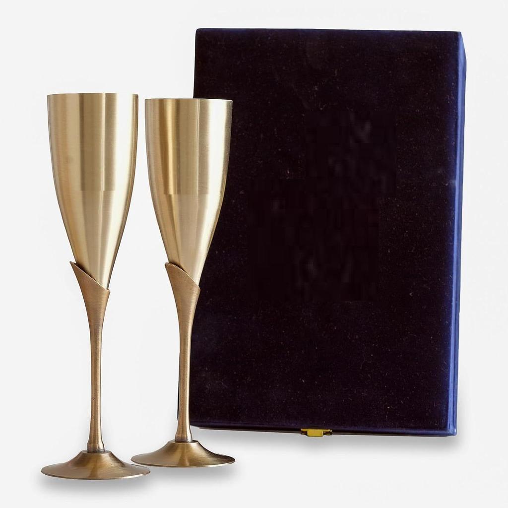 Antique Finish Brass Champagne Glass Set of 2 in Blue Velvet Gift Box, Handcrafted Drinkware for Parties and Diwali Gifts, 200 ML