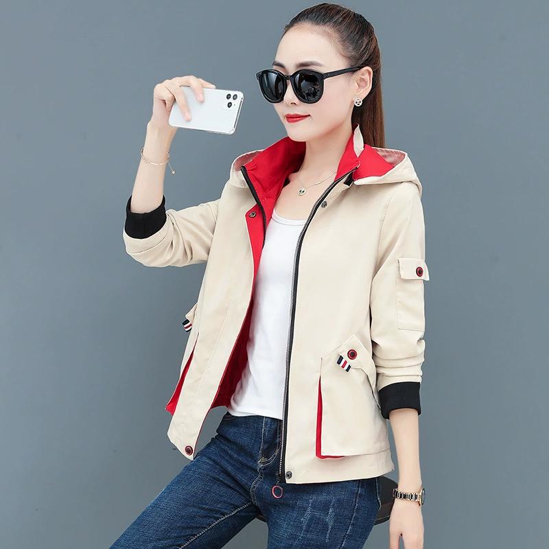 Detachable Hooded Contrasting Casual Jacket, Women's Spring and Autumn Workwear, Zipper Cardigan Top