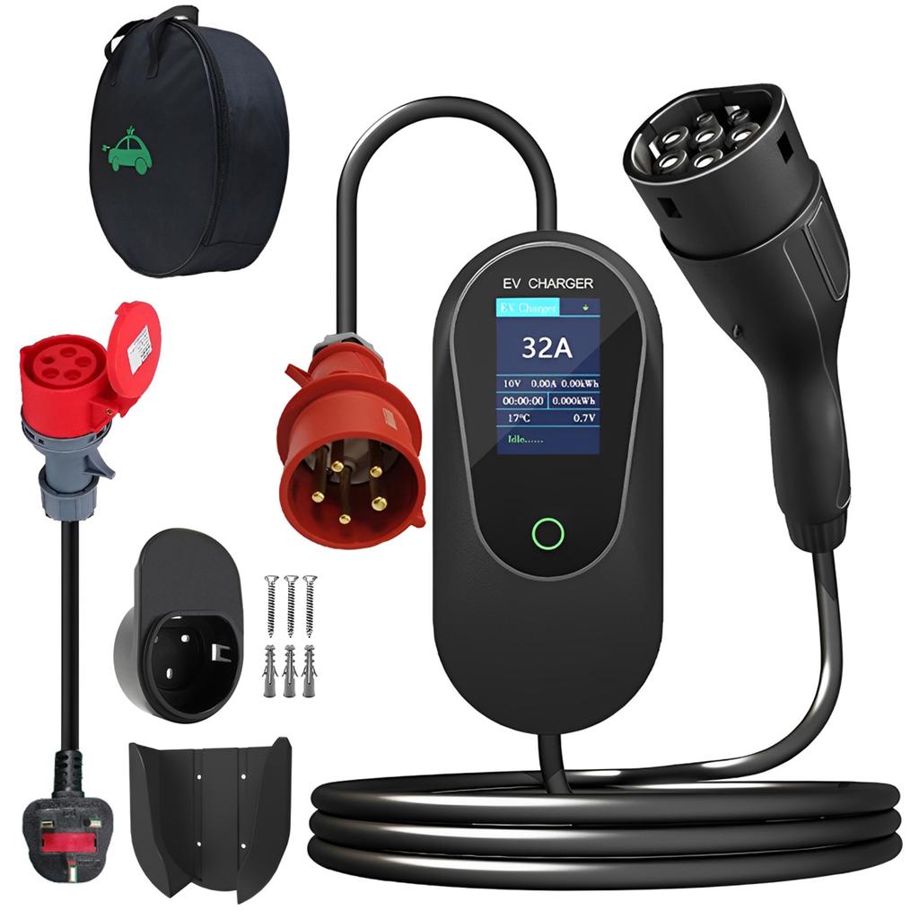 22KW 5M 32A Protable EV Charger European Standard 3Phase With 5PIN Industrial CEE Plug Adapter Cable And Hook Fast Charging