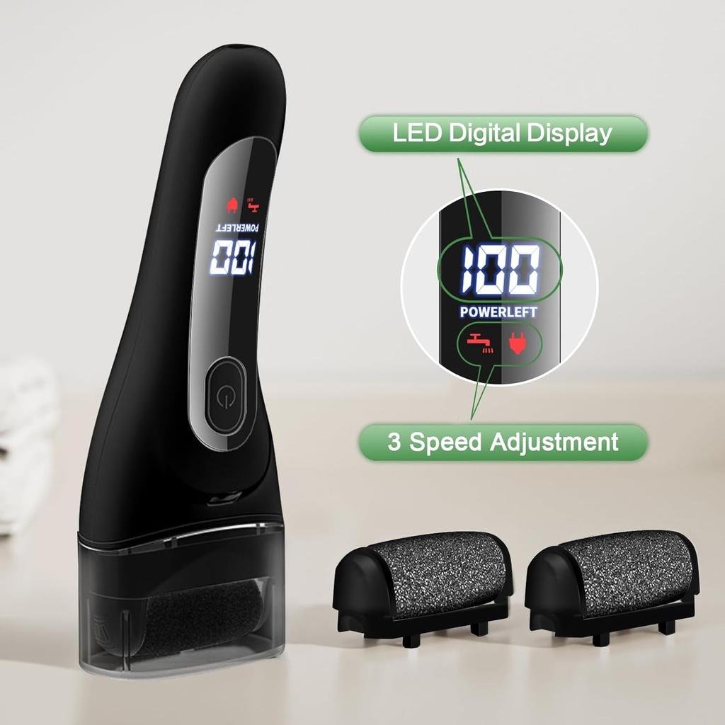 Electric Foot Callus Remover, LED Light & Display Electric Foot File, Rechargeable Waterproof Electric Foot Filer, 3 Replacement Rollers & USB-C