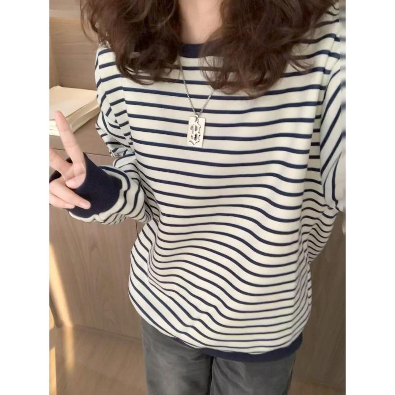 

Новый осенне-зимний универсальный полосатый свитшот для женщин в корейском стиле, свободный, повседневный, омолаживающий, с круглым вырезом, пуловер, куртка-свитшот M