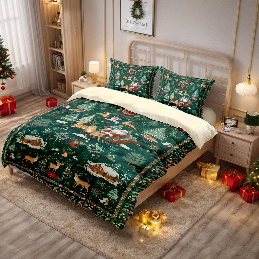 3 Pcs Green Christmas Print Coreless Set Soft and Comfortable Including 1 Duvet Cover and 2 Complete Sets for Gift