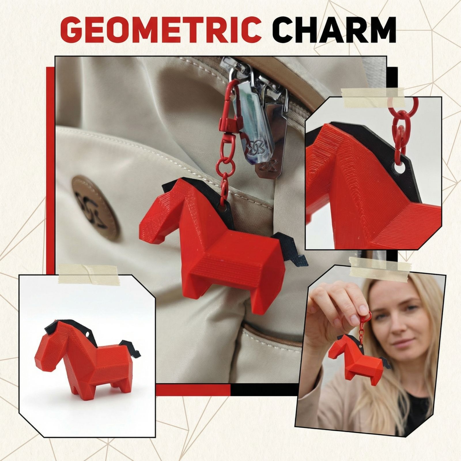 

3D Printing Geometric Horse Pendant Cute Decoration One Size червоний