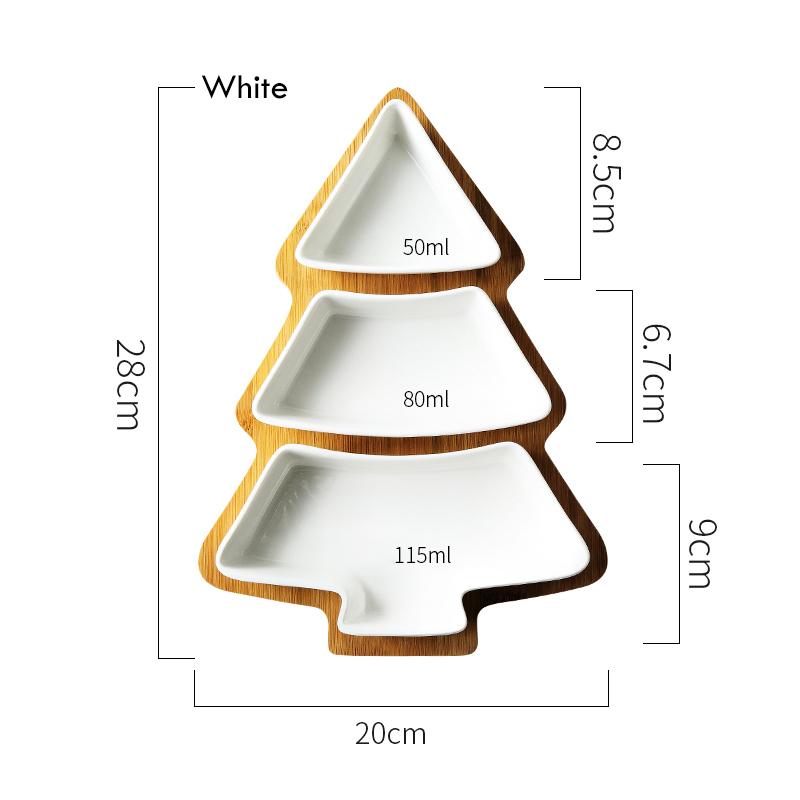 Mâncăruri din ceramică pentru aperitive cu set de tăvi din bambus. (3 farfurii + 1 tavă)