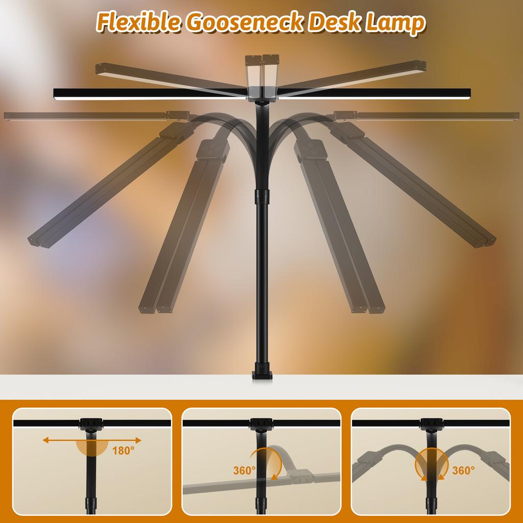 Modern Gooseneck Double LED Desk Lamp Stepless Knob Adjustment High Lumen Wide Head Architect Working Office Metal Shade AC