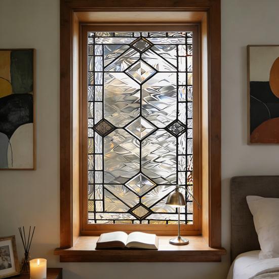 Stained Glass Effect Window Film Geometric Pattern Decorative Static Cling UV Block Heat Control Vintage Rainbow Window Sticker for Living