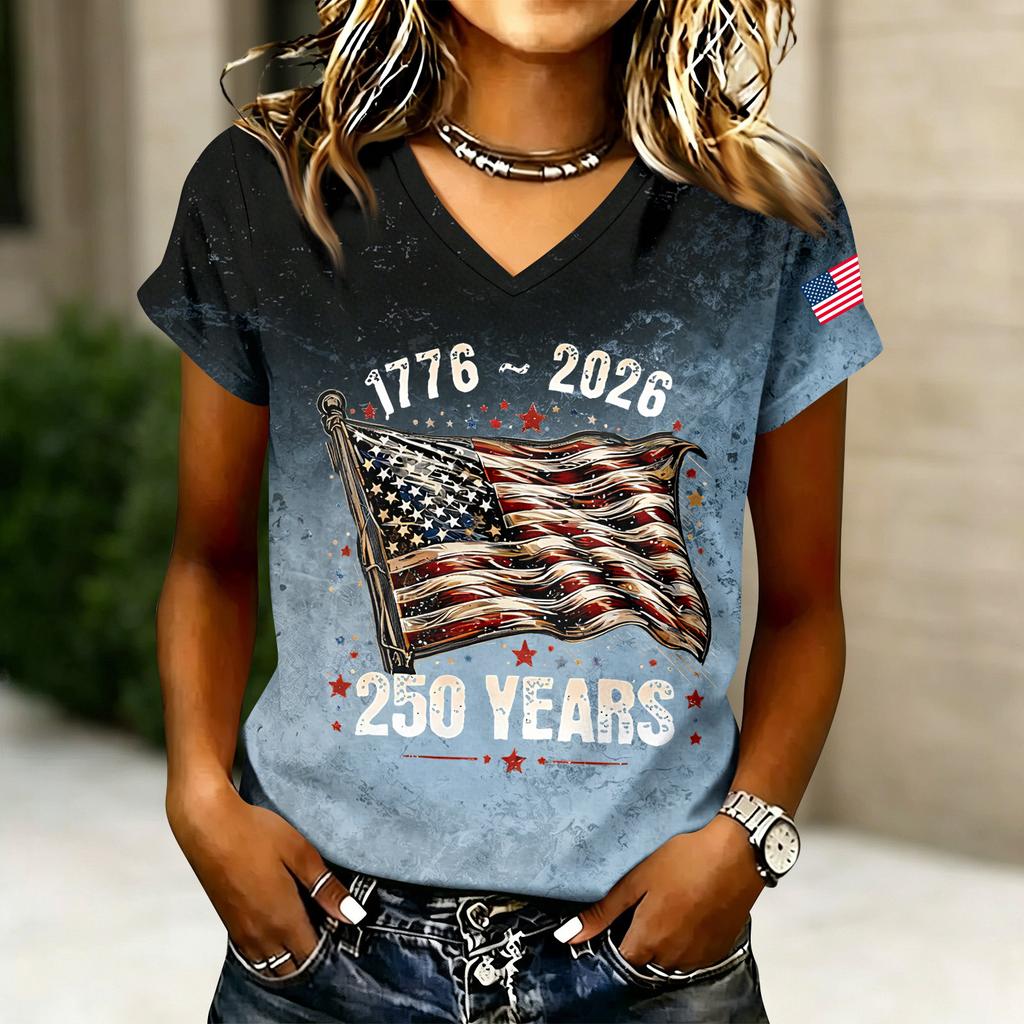 Women's Casual V Neck Short Sleeve T Shirt 250 Years Letter Print Top 1776 2026 American Flag Sleeve Detail Summer Tee