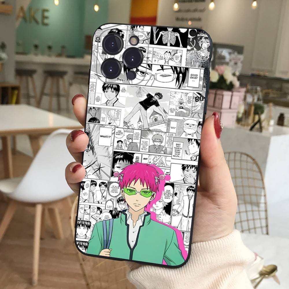 Cute Kitty Boy Saiki Kusuo Phone Case For IPhone 16 Pro Max 15 17 Plus 14 13 12 Mini 11 Black Cover