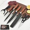 6-piece stainless steel knife set featuring a chef's knife, Santoku knife, vegetable knife, sashimi knife, paring knife, scissors, ceramic peeler, and
