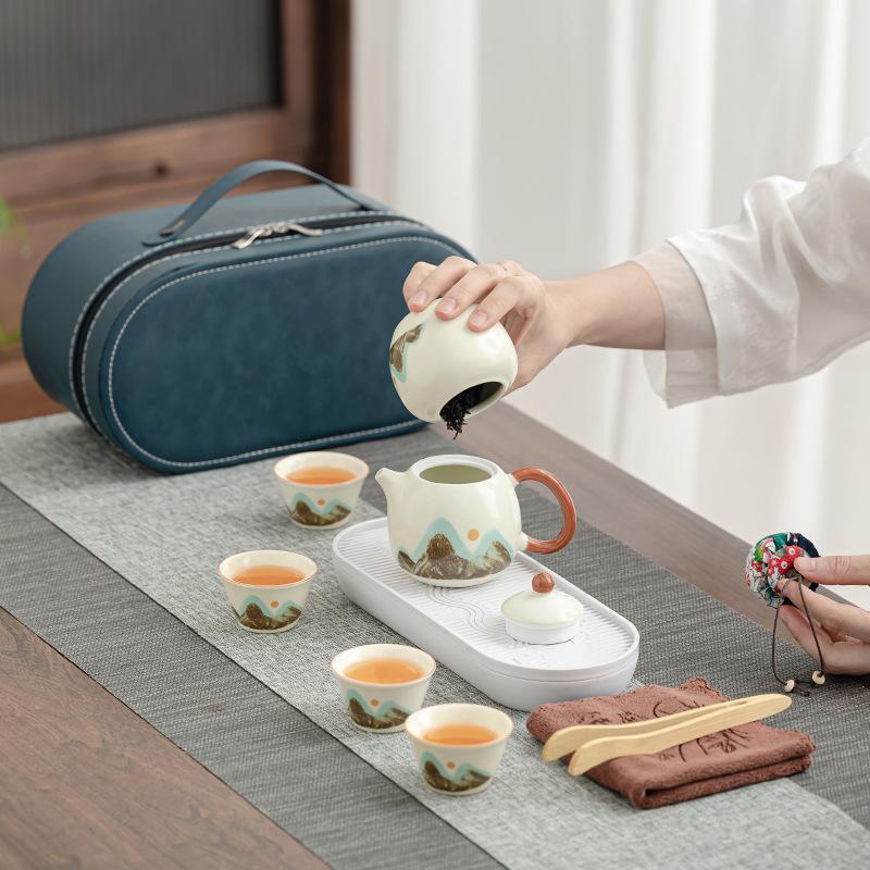 Light Luxury Qingshan Travel Tea Set, Flowering Ru Kiln Kung Fu, a Pot of Four Cups, Portable Outdoor Tea