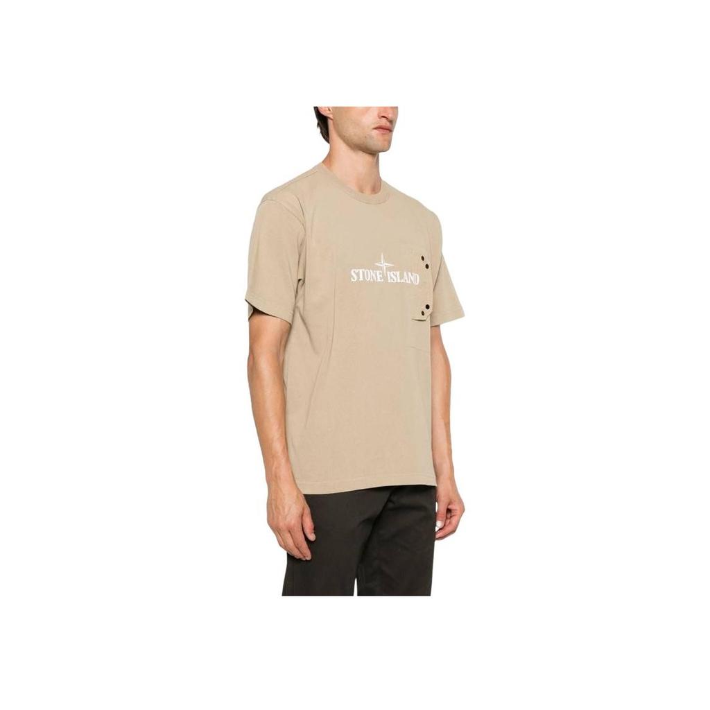 Stone Island Logo Print Loose Fit Drop Shoulder Short Sleeve T-Shirt Men Tops Beige 811521079-V0094