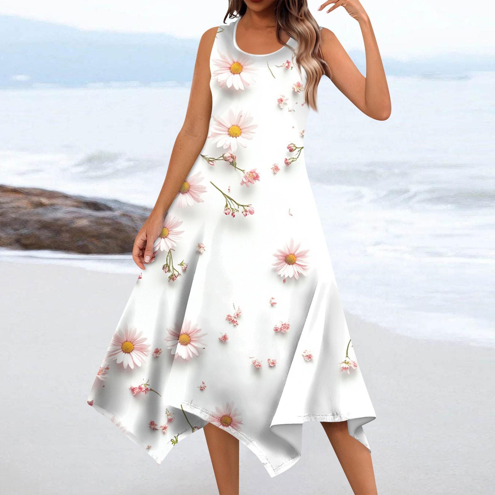 

Женское повседневное модное платье миди без рукавов с круглым вырезом и нерегулярным подолом XL белый