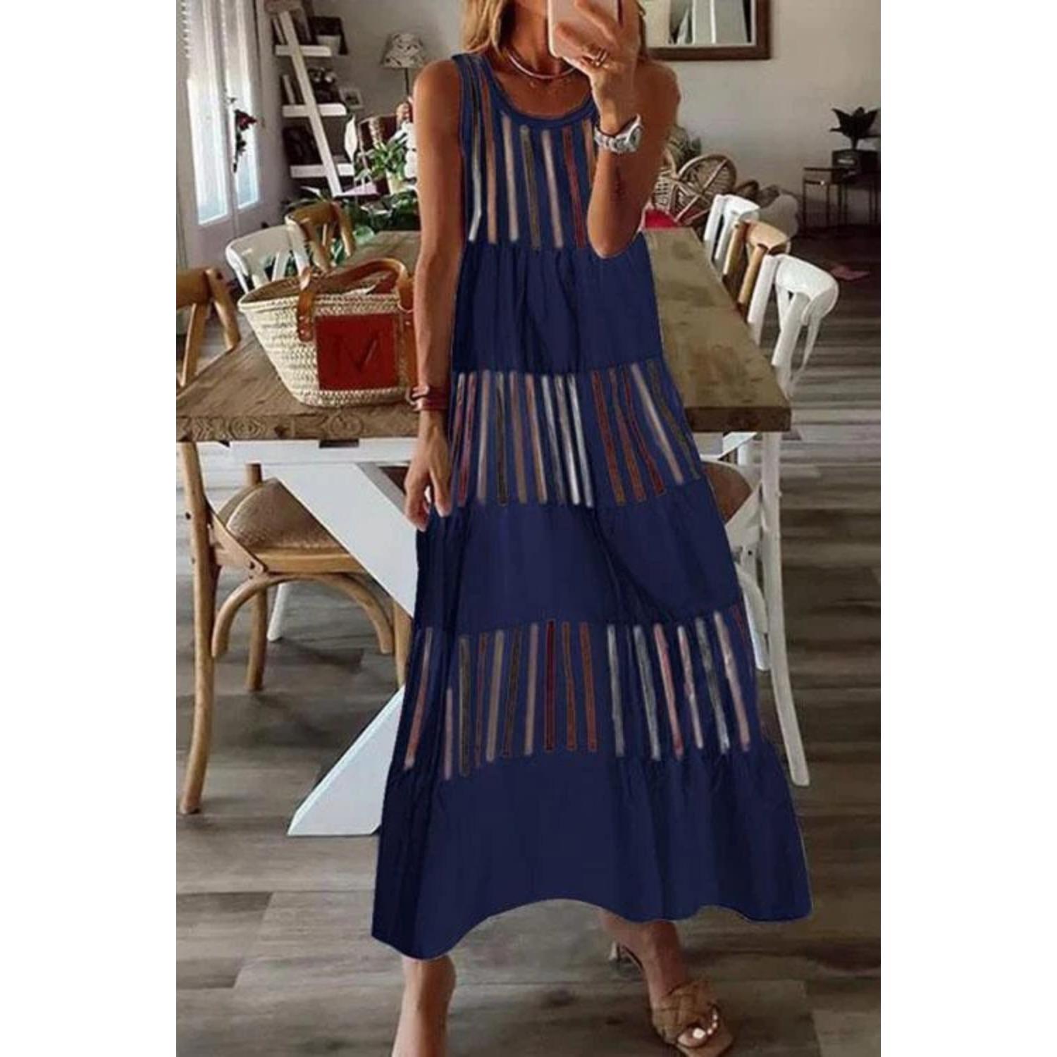 

2025 Новое женское платье с заниженной талией, элегантное платье с принтом, весна-лето, свободное и удобное XXXL синий