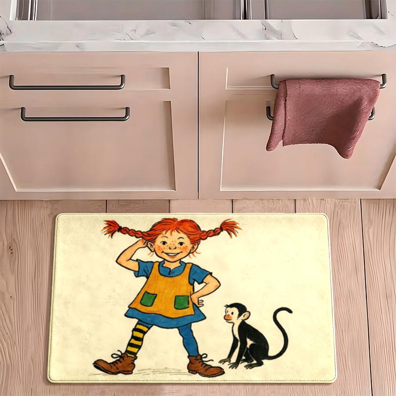Pippi Flannel Kitchen Floor Mat Absorbent Non-Slip Soft Standing Mat Washable Comfortable Kitchen Rug for Home Sink Laundry