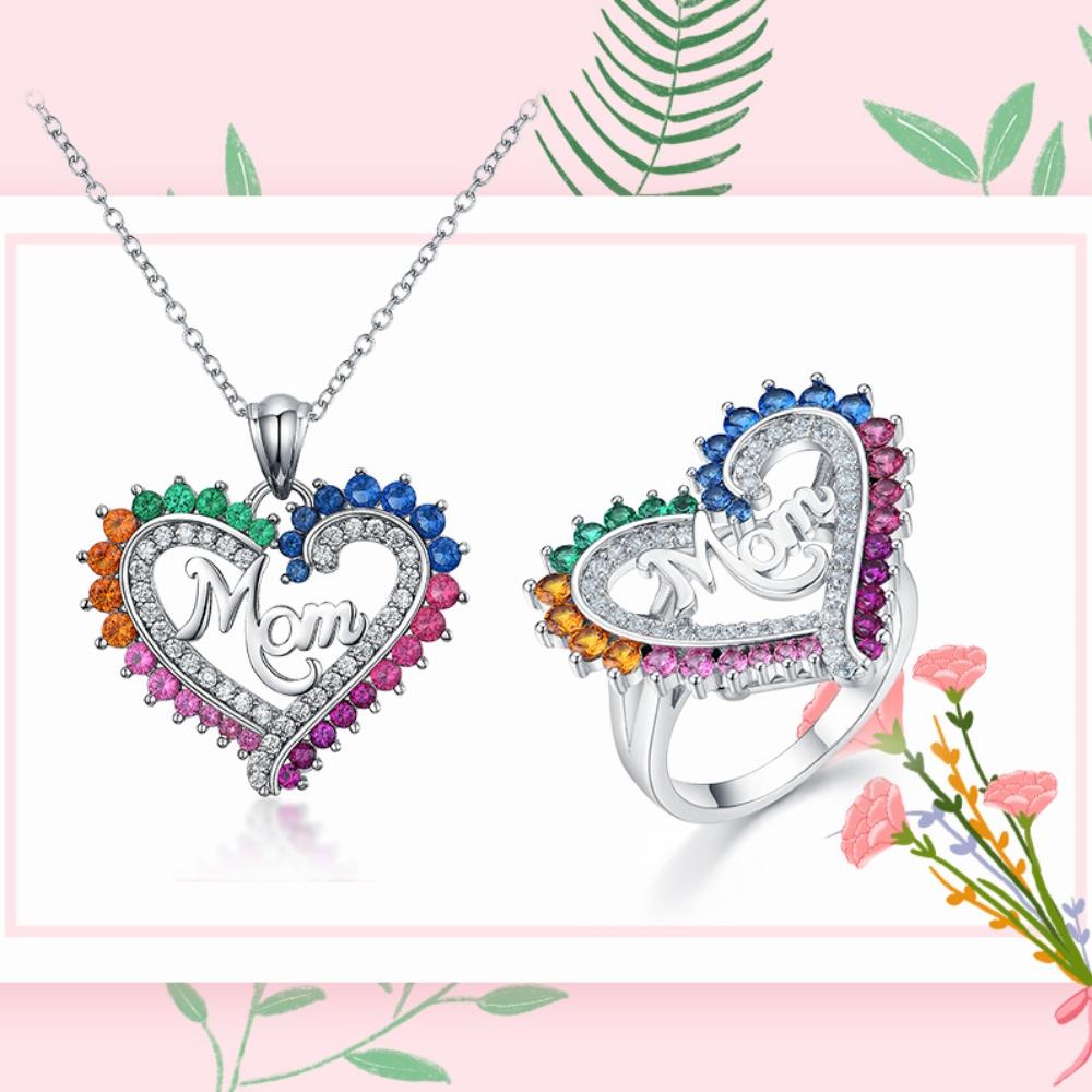 

Комплект ювелирных украшений с ожерельем и кольцом в форме сердца с разноцветным цирконием MOM Letter 9 разноцветный