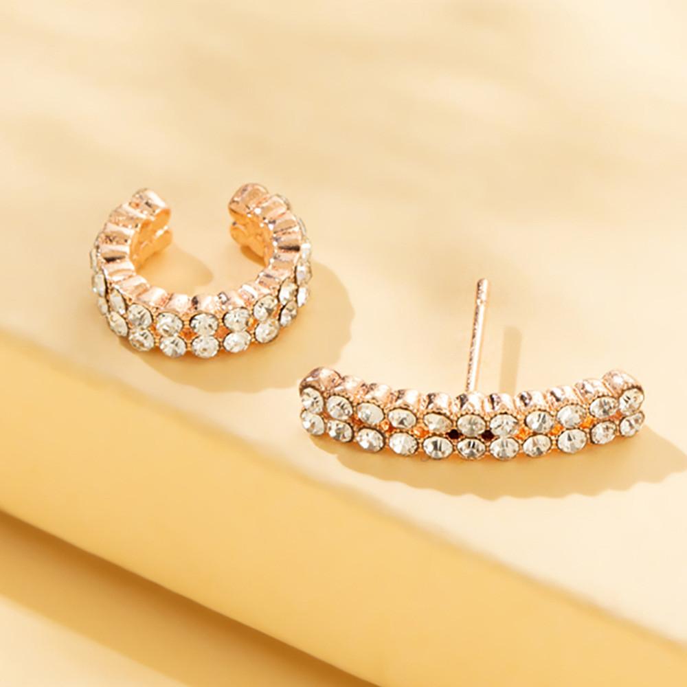 Double Fashionable Row Rhinestone Earrings Set With Asymmetric Design