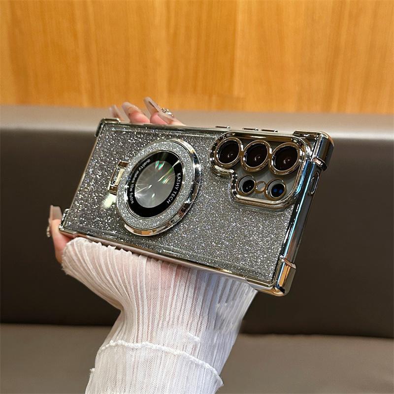 Suitable for Samsung S25 Ultra Flash Powder Magnetic Suction Bracket Mobile Phone Case A56 Electroplated Four Corner Anti Fall NOTE20 Case A36