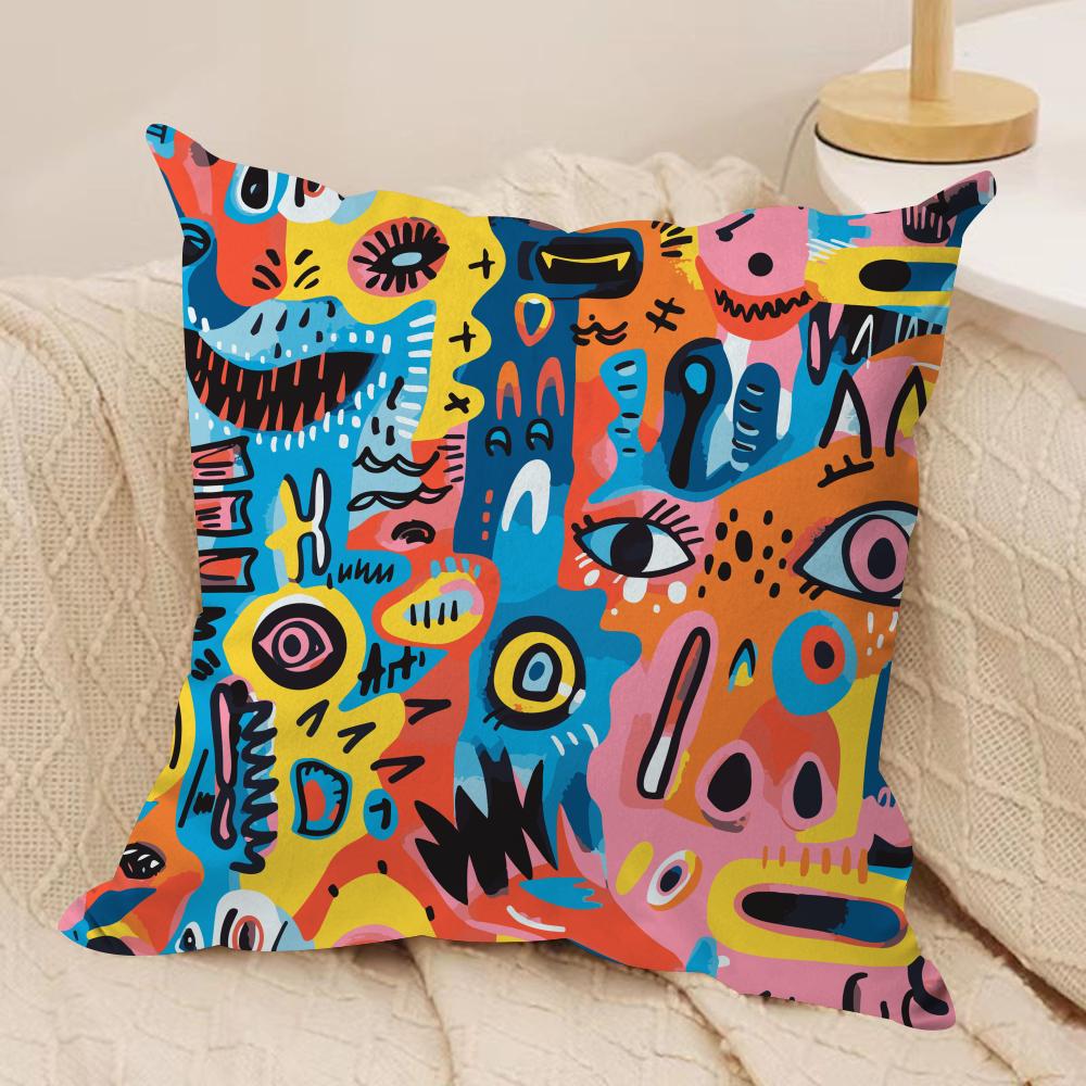 Colorful Abstract Faces Cushion Cover Silky Short Plush Sofa Pillow Cover Hidden Zipper Soft Dustproof Case for Home Decor