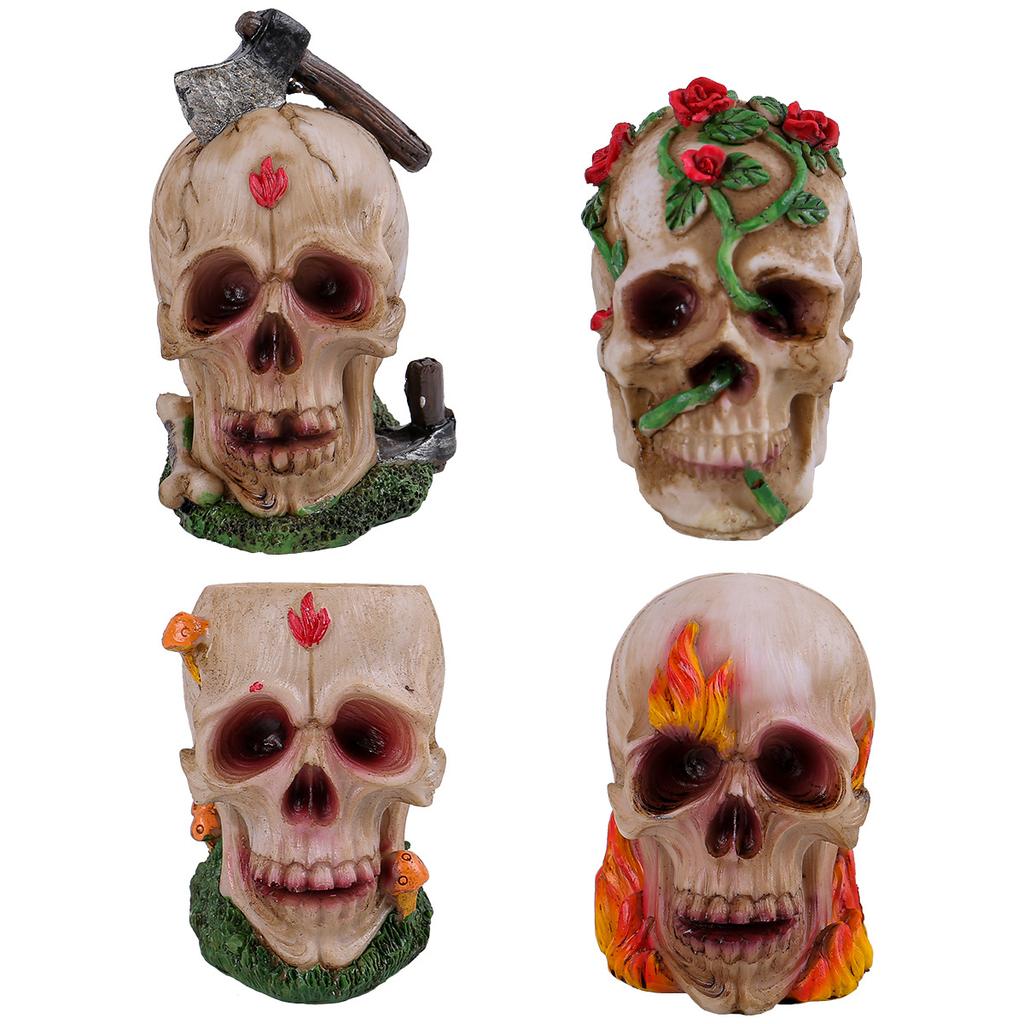 Halloween Multi-colored Skull Figurines, Halloween Rose Skull Resin Handicrafts, Terrifying Atmosphere Decorations