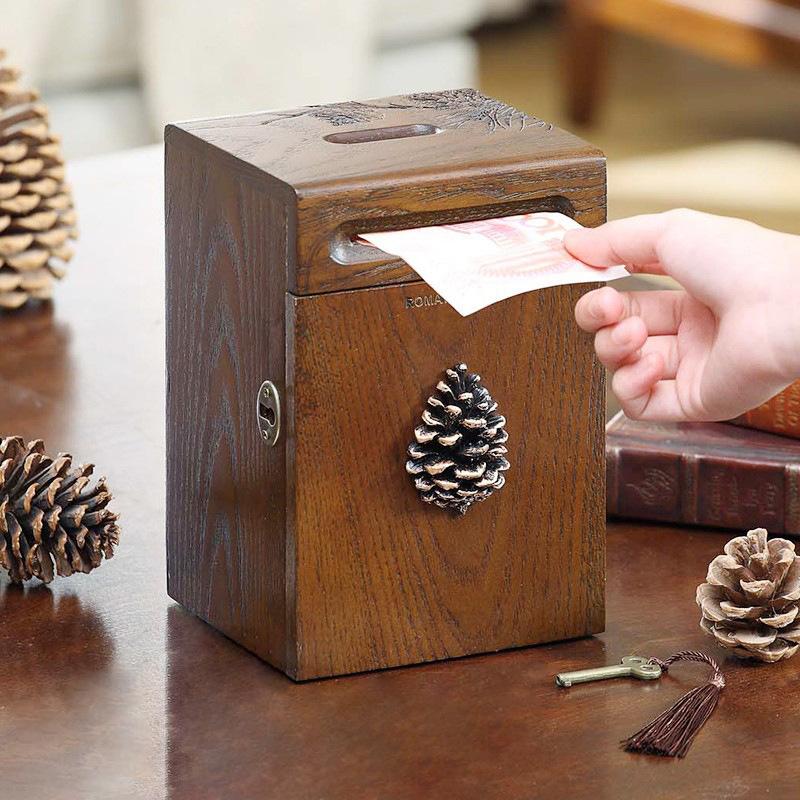 High Quality Solid Wood Piggy Bank, Large Capacity Durable, with Built-in Lock, Large Capacity