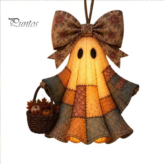 Durable Festival Party Supplies Lighted Vintage Patchwork Ghost Door Hanger, Rustic Farmhouse Figurine, LED Light Up Resin Wall Ornament Halloween
