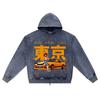 DTG Print Knitted Denim Zip-Up Hoodie Yellow & Black Drift Car Anime Style Brother Print Zipper Hoodies  