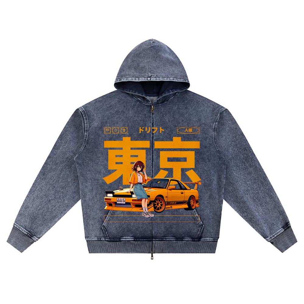 DTG Print Knitted Denim Zip-Up Hoodie Yellow & Black Drift Car Anime Style Brother Print Zipper Hoodies  