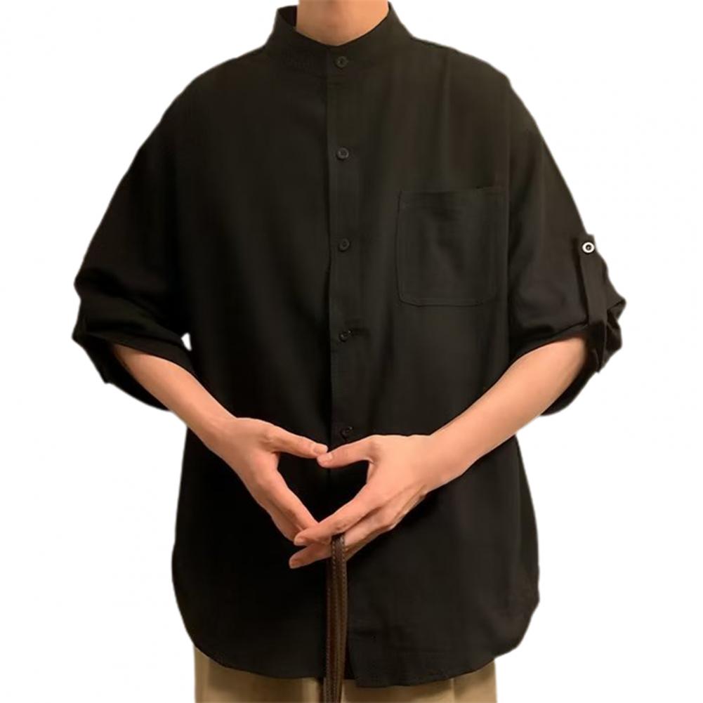 Men Simple Stand Collar 3/4 Sleeve Casual Shirt Solid Color Loose Fit Single-breasted Patch Pocket Shirt Tops Workwear