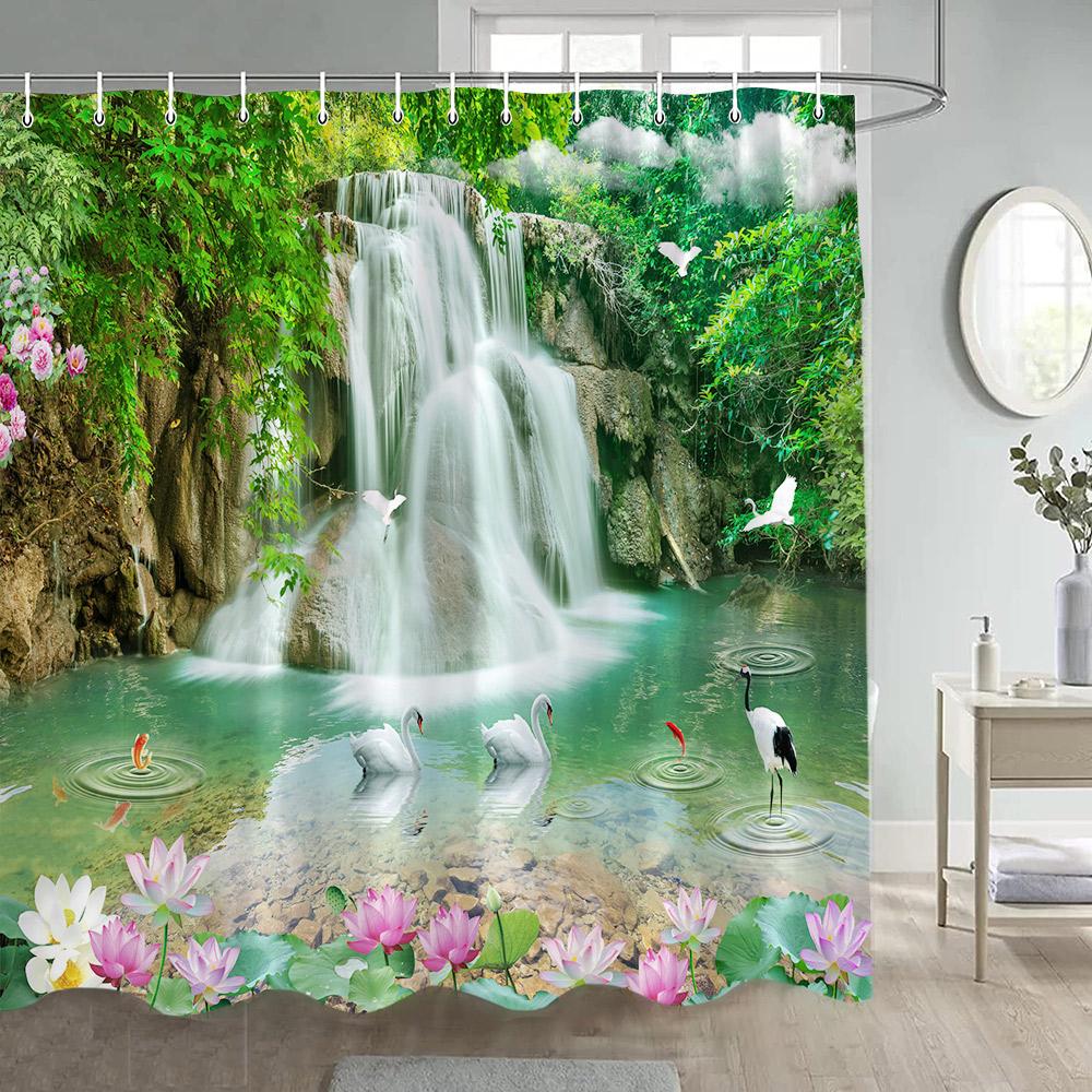 Rustic Waterfall Landscape Shower Curtains Nature Forest Lake Lotus Swan Chinese Style Bathroom Curtain Home Decor With Hooks