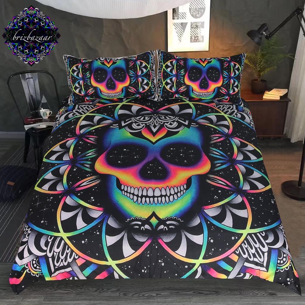 Black Damask Comforter Cover Set Exotic Sugar Skull Duvet Covers Gothic Vintage Floral Skeleton Bedding Set Bohemian Quilt Cover