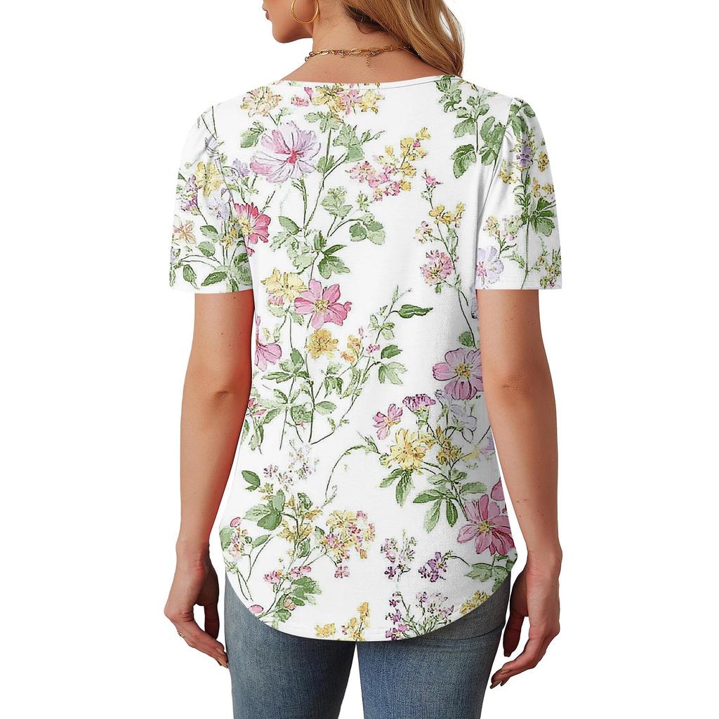 Women's Pleated Round Neck Botanical Print Short Sleeve T-Shirt Top
