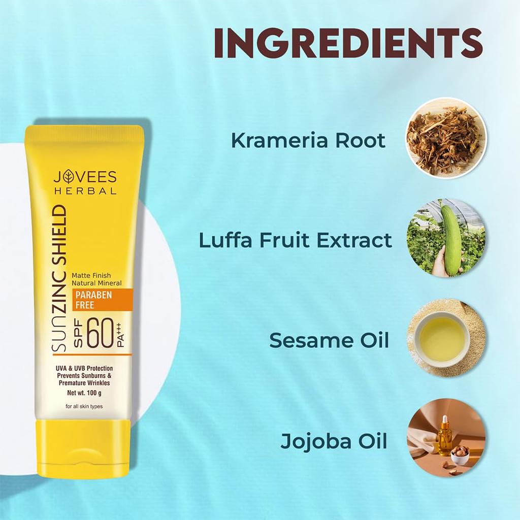 Jovees Sun Zinc Shield SPF 60 PA+++ Sunscreen | Matte Oil Free UVA UVB Blue Light Protection | Broad Spectrum For All Skin Types 100g