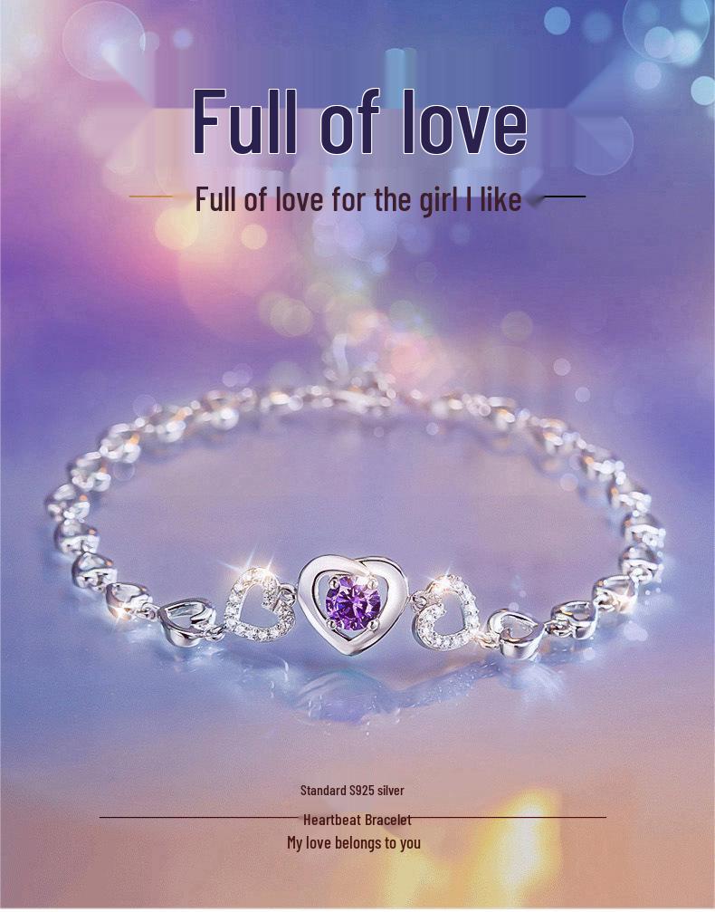 Zhenrong 925 Silver Heart Bracelet with Purple & White Diamonds