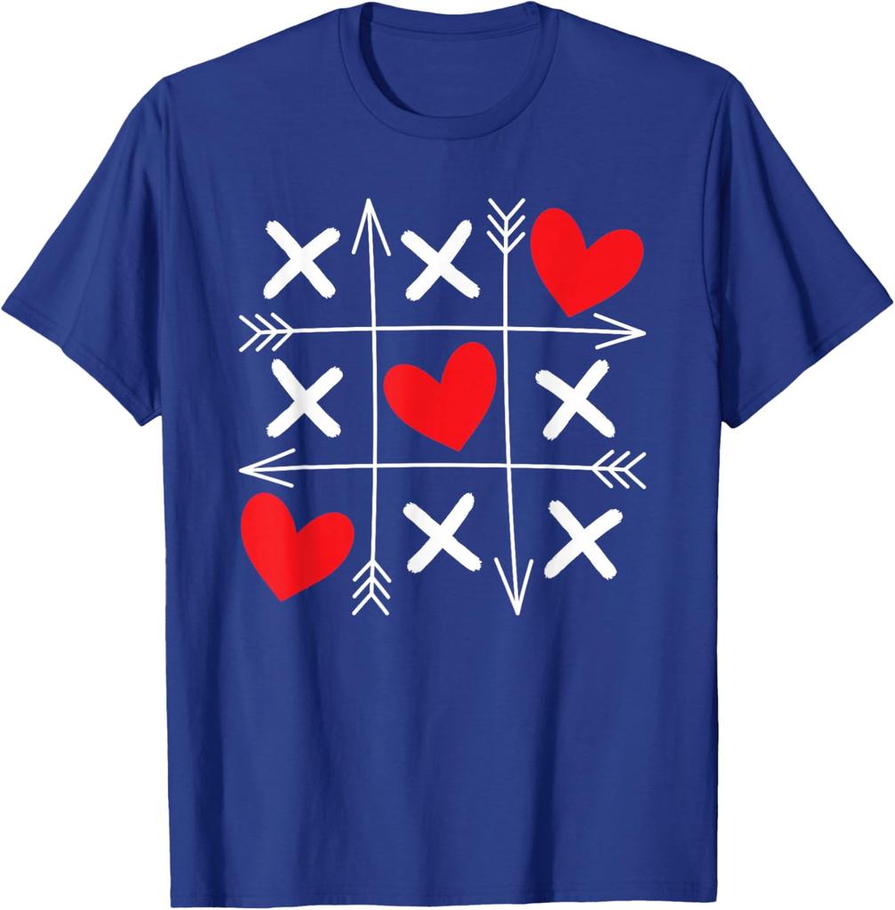 Tic Tac Toe Heart Arrows Valentine Day Graphic Tee Soft Cotton Casual T-Shirt for Men and Women