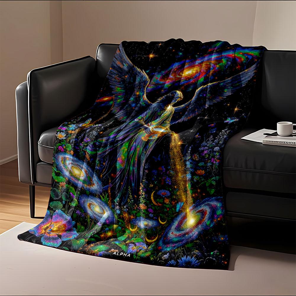 A Celestial Angel Pours Glowing Stardust Into a Cosmic, Floral Scene. for All Seasons Blanket Lunch Break Throw Gift