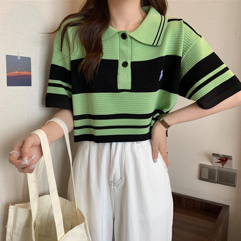 Loose Stripe High Waist Short Short Sleeve Ice Silk Knit Shirt Top T-shirt Woman