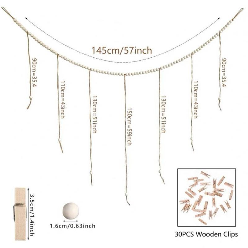Hanging Photo Display Wooden Bead Garland Boho Wall Hanging For Bedroom Living Room Dorm Party Decor Teen Girl Gifts