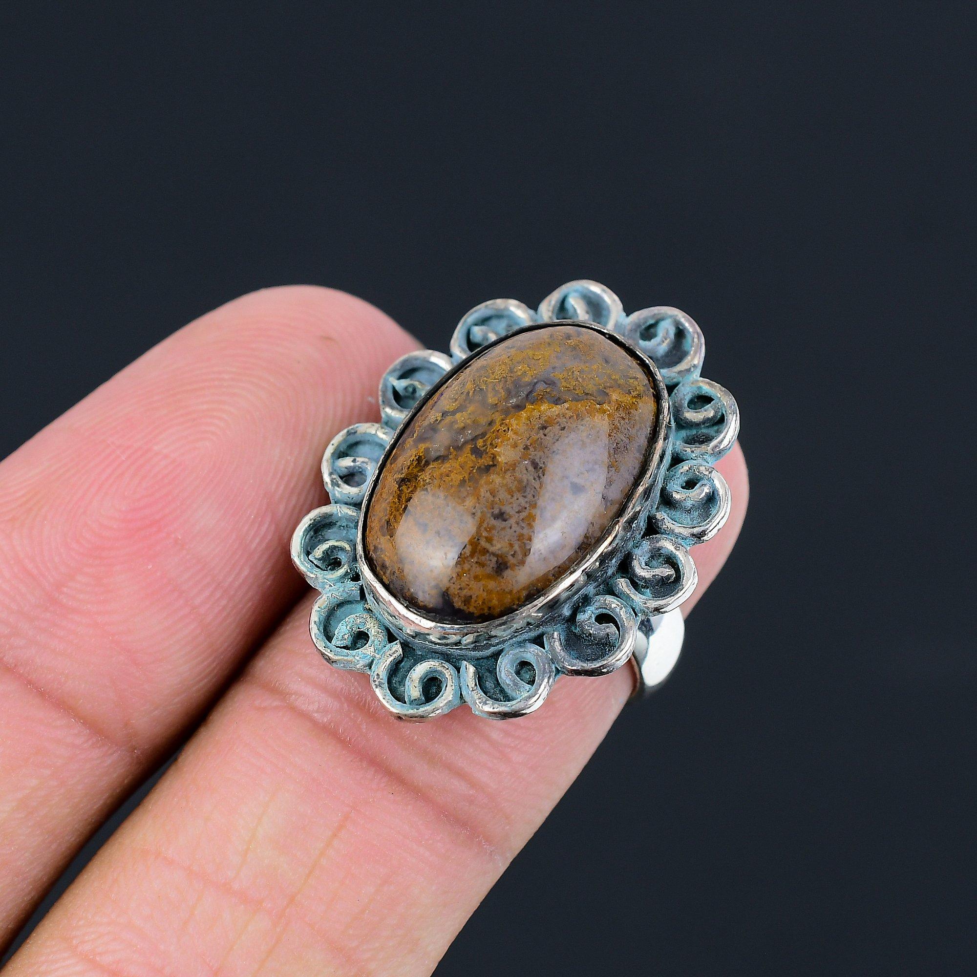 925 Sterling Silver Oval Natural Plume Agate Birthday Unique Statement Ring US 6 6
