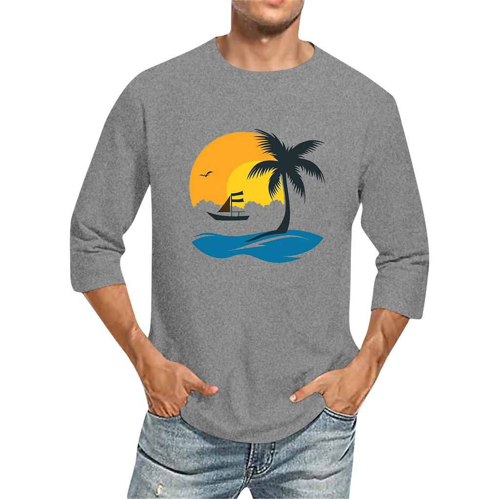 Jednobarevné pánské tričko s kulatým výstřihem a tříčtvrtečním rukávem